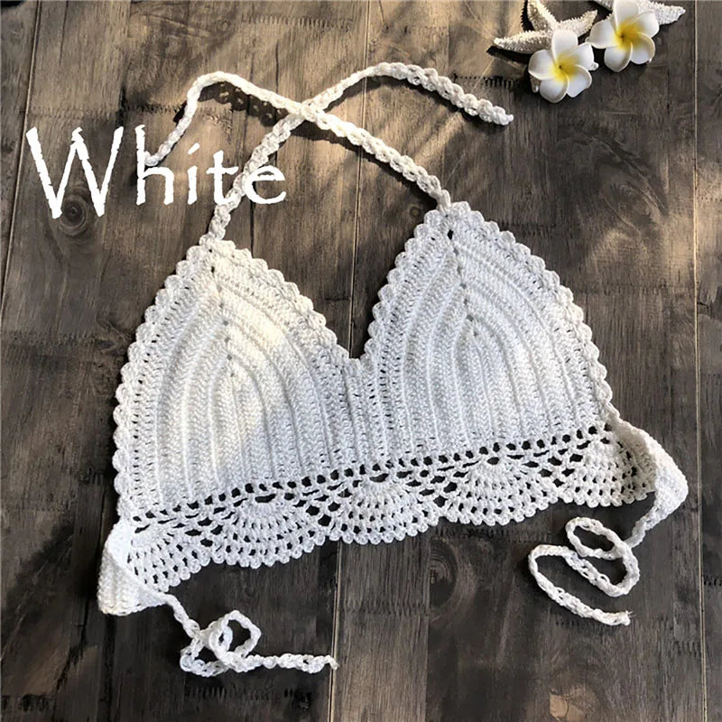 Micro Bikini 2020 Women Handmade Crochet Knit Swimwear Halter Patchwork Bathing Suit Swimsuit Biquini Thong Bikini traje de bano WHITE