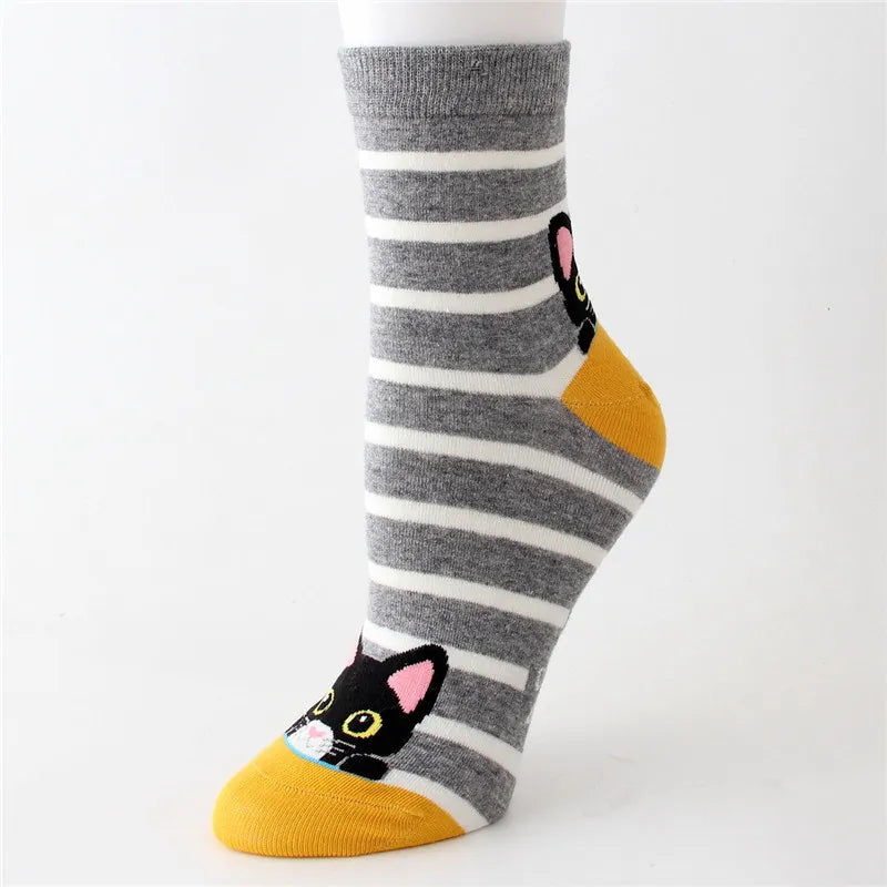 Women Striped Cartoon Socks Autumn Winter Colorful Cat Face Cotton Sock Ladies Female Funny Animal Cotton Sock For lady Girls grey socks