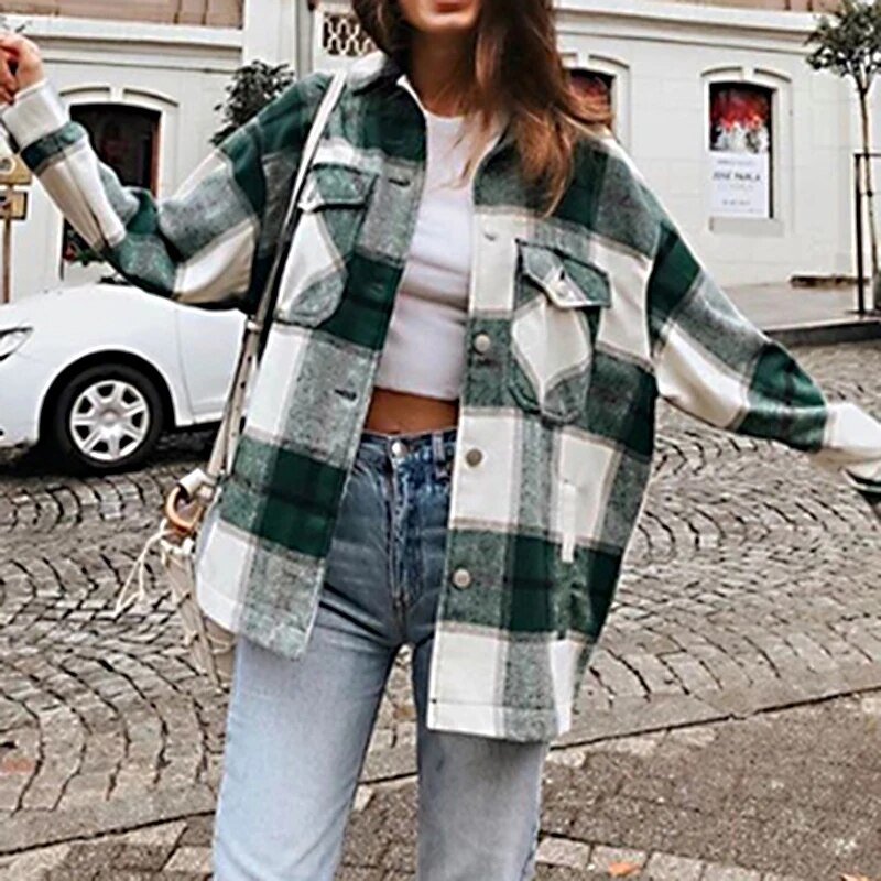 TEELYNN Long Sleeve Overshirt Women Coats 2024 Vintage Green Plaid Autumn Winter Warm Jacket Boho Casual Oversized Outwear Coat