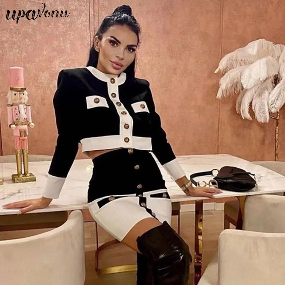 2024 New Patchwork Black White O Neck Long Sleeves With Pockets Buttons Two Pieces Bandage Skirt Women Set