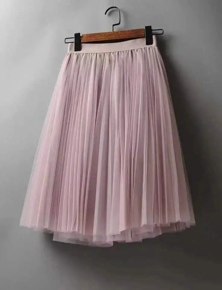 Women's Tulle Plain Pleated Skirt 2019 New Fashion Black Beige White Pink Grey Mesh Midi Skirt High Waist Woman Skirts 3 Layers Pink One Size
