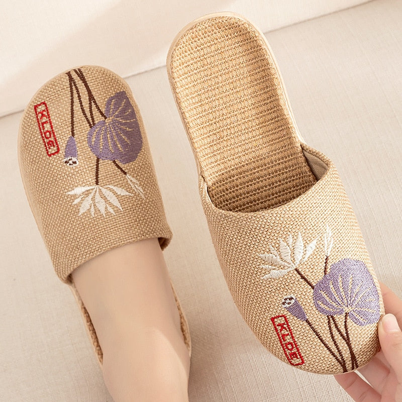 Suihyung Summer Flax Slippers Women Men Casual Linen Slides Multi-Style Non-Slip EVA Home Flip Flops Indoor Shoes Female Sandals Purple Flowers 3
