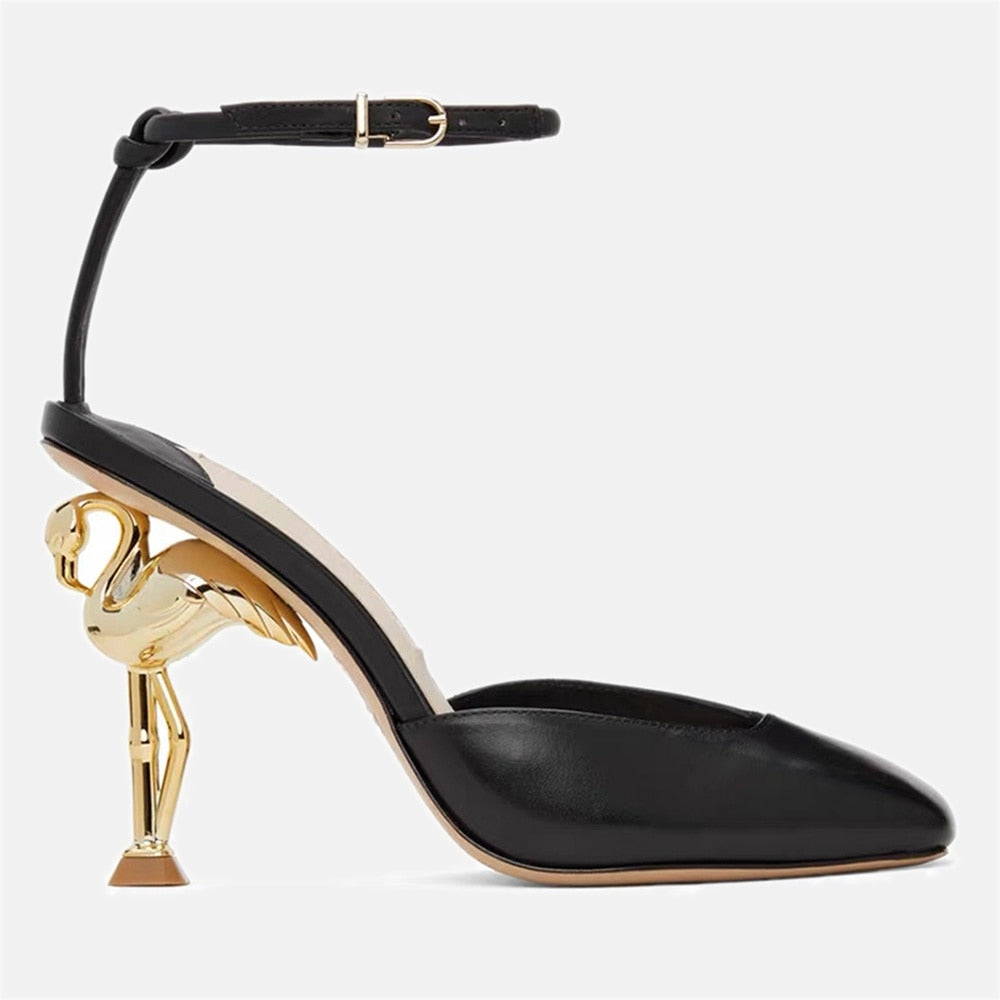 Womens Pointy Toe Genuine Leather Strange Irregular High Flamingo Heel Slingbacks Pumps Sandals Shoes Plus Sz 5Colors Bling