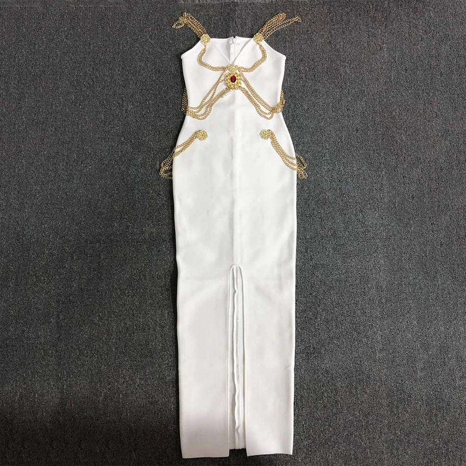 Runway Fashion Maxi Long Bandage Dress Open Fork Chains Strap Fashion Beading Bandage Dress Cocktail Party Bodycon Dresses 2025 WHITE