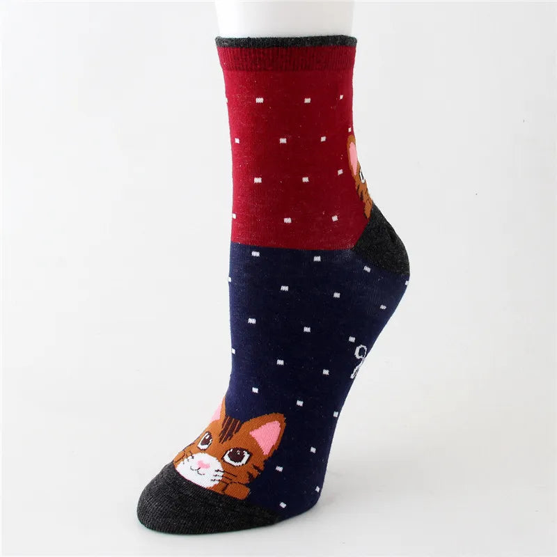 Women Striped Cartoon Socks Autumn Winter Colorful Cat Face Cotton Sock Ladies Female Funny Animal Cotton Sock For lady Girls red socks