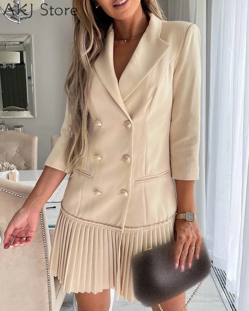 Women Elegant Double Breasted Pleated Blazer Dress APRICOT