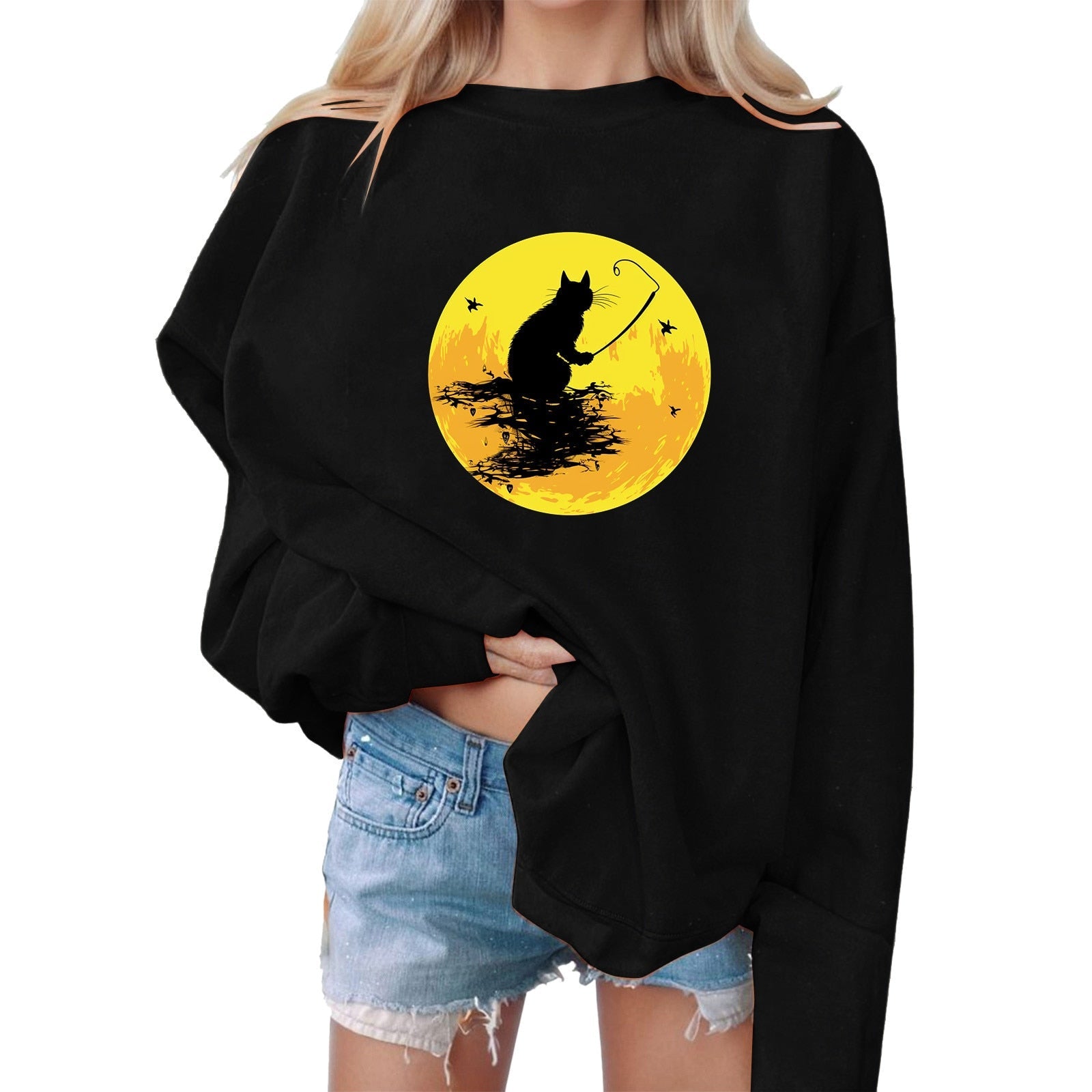 Halloween Animal Print Sweatshirts Personality Sweatshirt Pullover Sweater Women's Sweatshirt Hoodless Streetwear Moletom 2024 Black