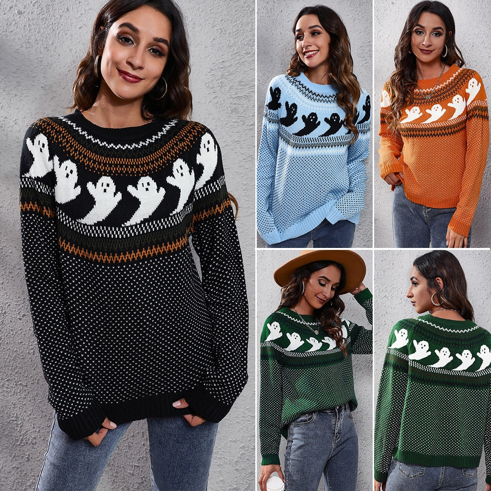 Halloween Ghost Vintage Ladies Sweater Polka Dot Long Sleeve Knitted Pullover Winter Sweater Woman Design Pullovers Knitwears
