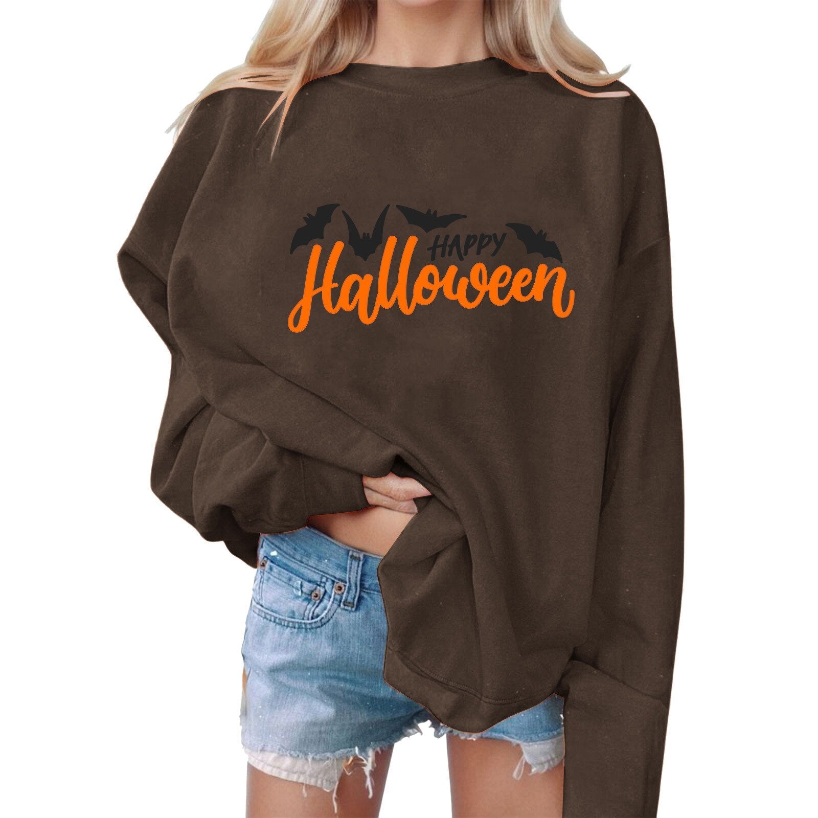 Halloween Harajuku Sweatshirts Bat Letter Print Sweatshirt Sweater Round Neck Women's Sweatshirt Long Sleeve Outfits Moletom Coffee