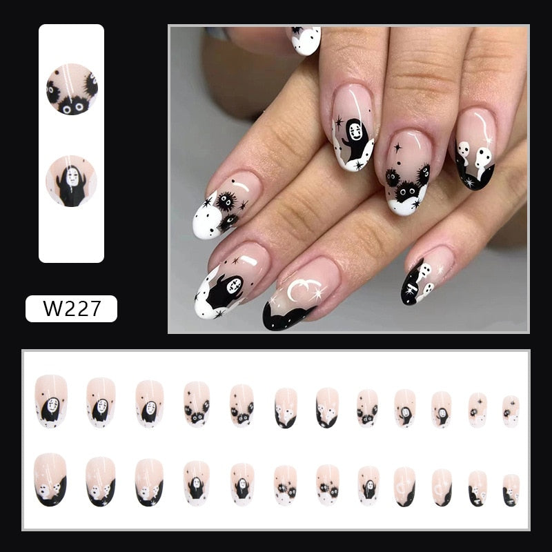 Halloween Press on Fake Nail Set Art Black French Tip Full Cover Coffin Acrylic Short Press-on Pressure False Nails Tips 24pcs W227