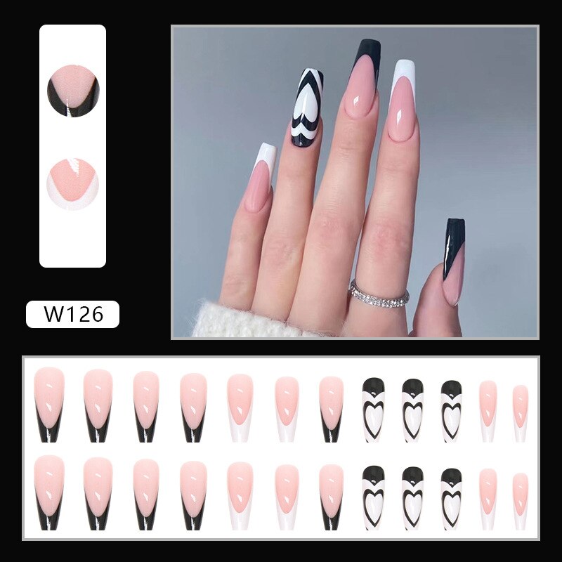 Halloween Press on Fake Nail Set Art Black French Tip Full Cover Coffin Acrylic Short Press-on Pressure False Nails Tips 24pcs W126