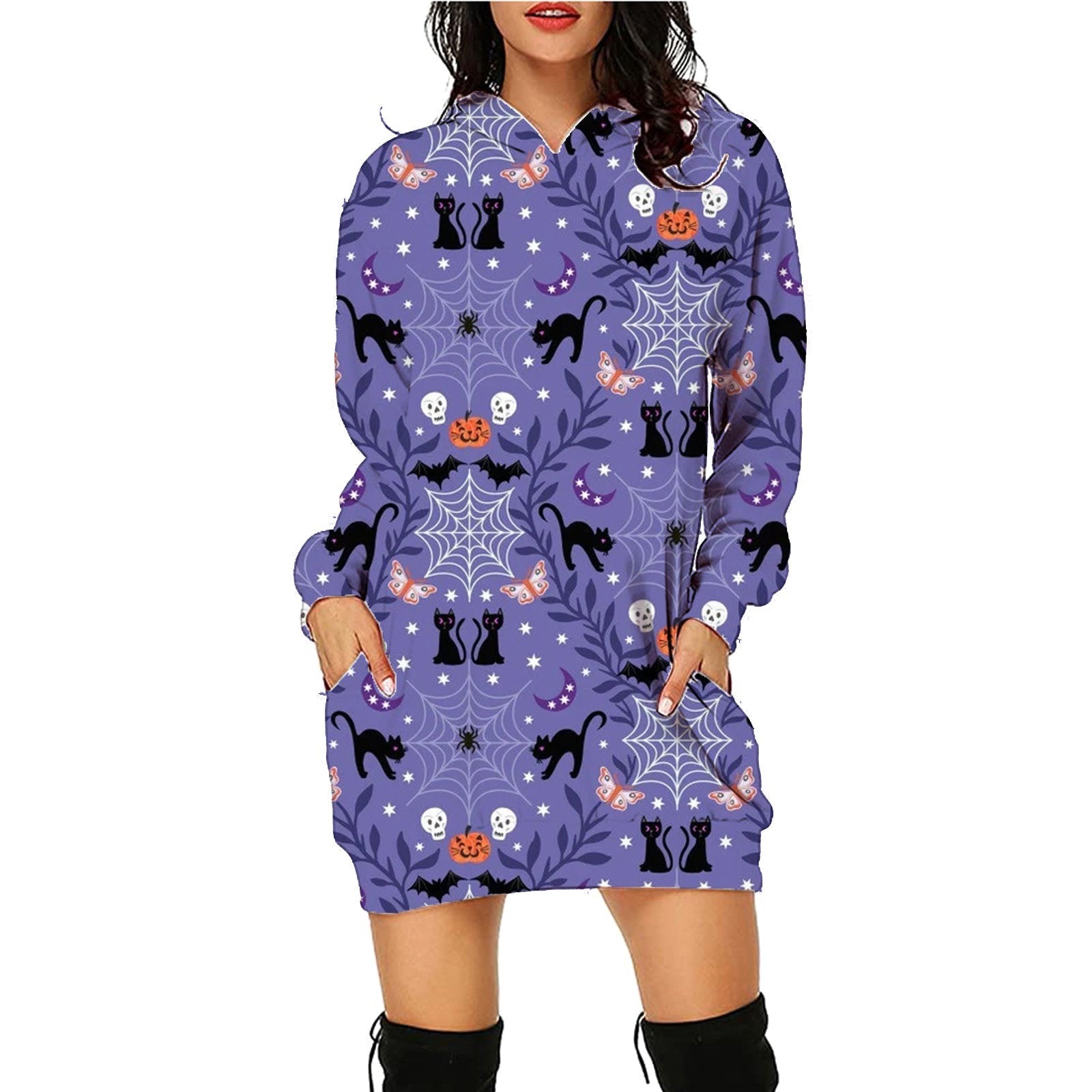 Halloween Print Long Hoodie With Pockets Sweater Long Sleeve Clothes Women SC17