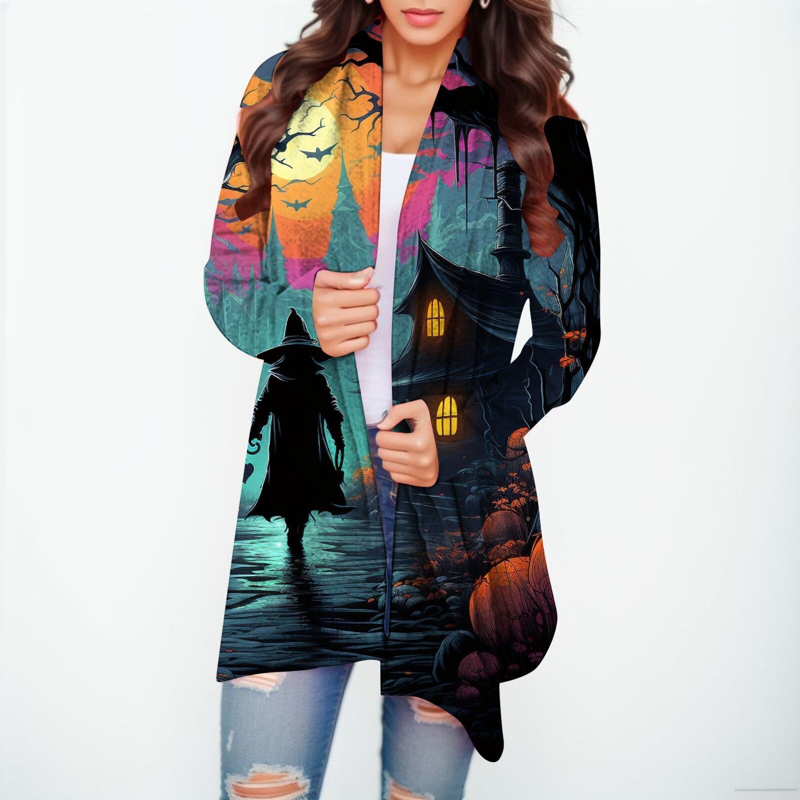 Halloween Print Women's Cardigans Witch Spider Web Fun Graphic Open Front Coat Cardigan With Pockets Fall Casual Coat Jackets F