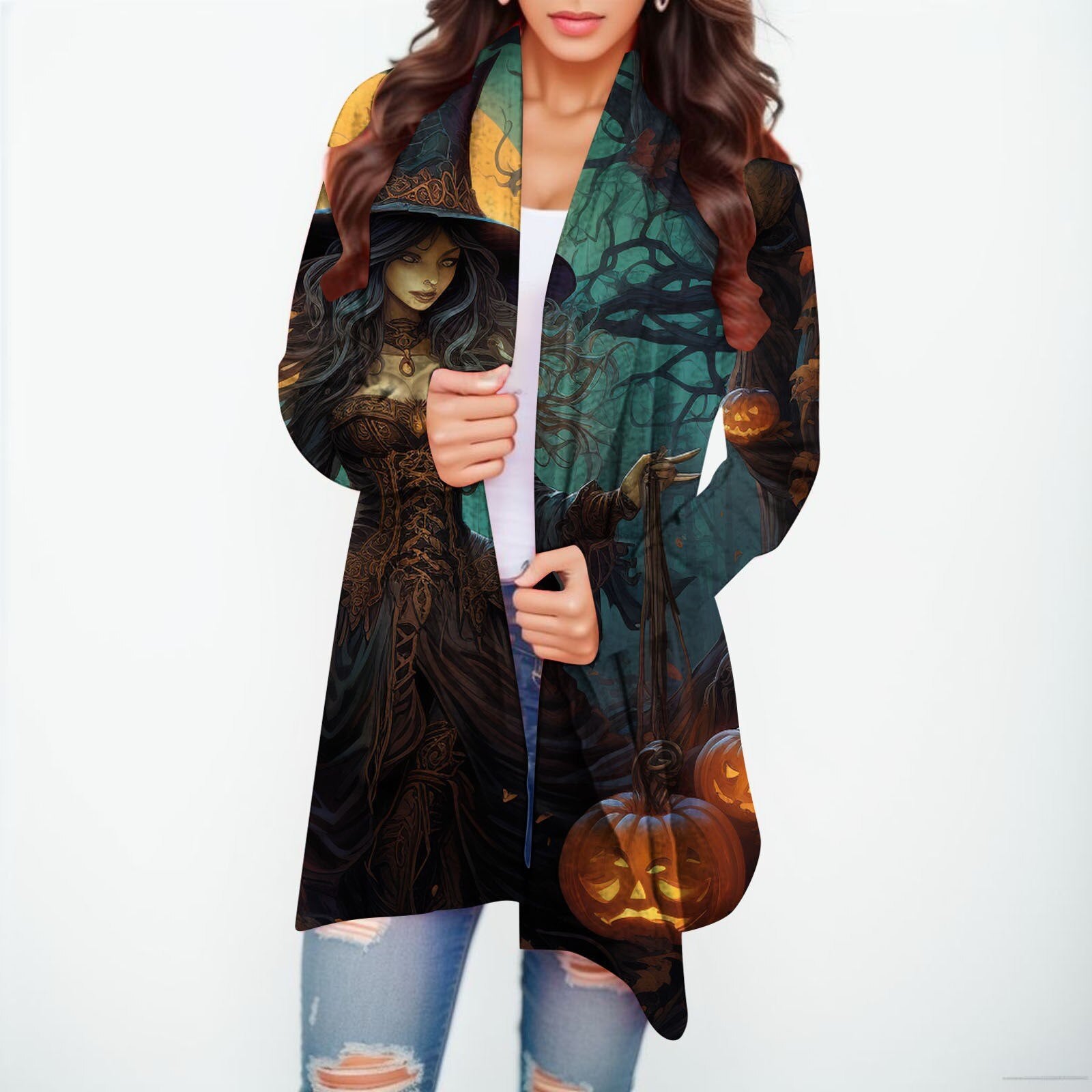 Halloween Print Women's Cardigans Witch Spider Web Fun Graphic Open Front Coat Cardigan With Pockets Fall Casual Coat Jackets D