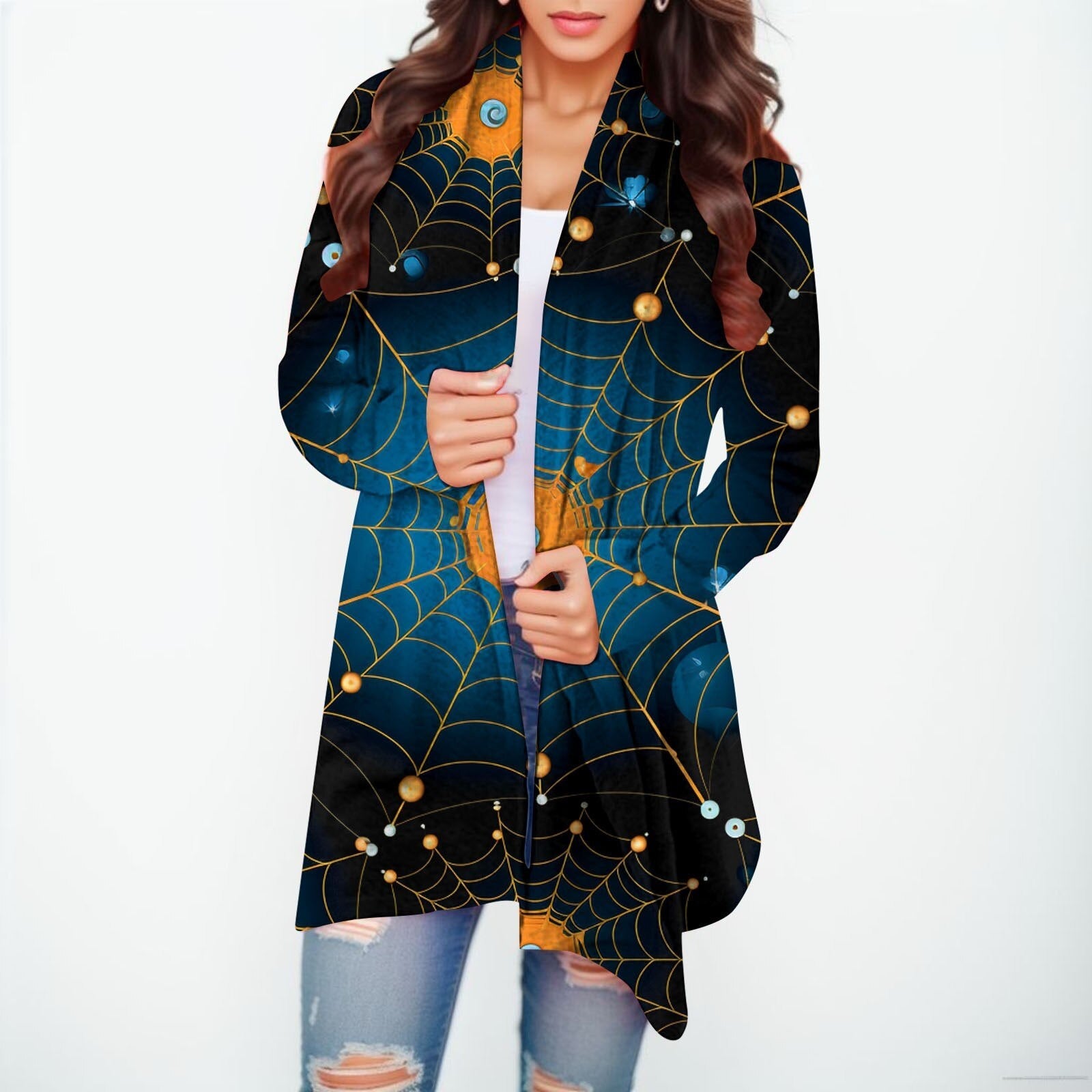 Halloween Print Women's Cardigans Witch Spider Web Fun Graphic Open Front Coat Cardigan With Pockets Fall Casual Coat Jackets G
