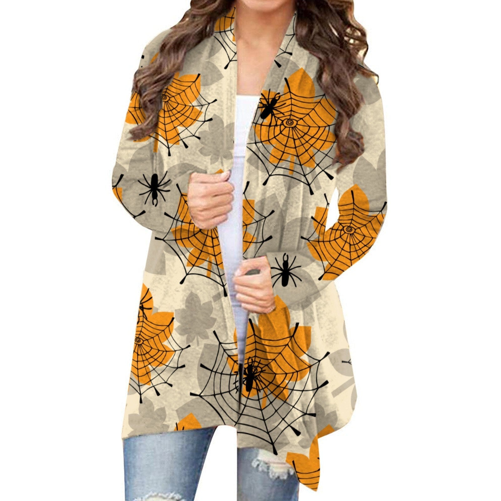 Halloween Printed Cardigan Women Casual Ghost Cat Cartoon Festival Fashion Long Sleeve Casual Cardigan Jacket Coat Top Jersey Yellow