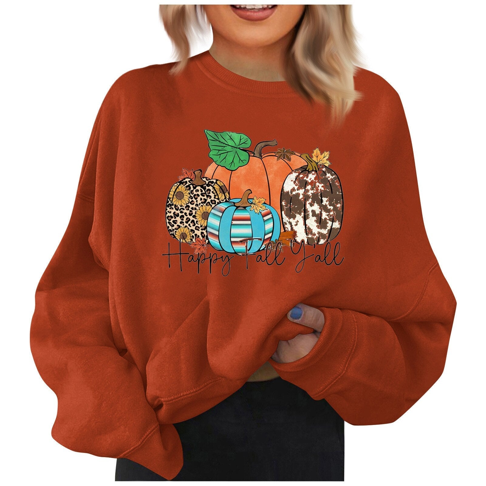Halloween Pumpkin Print Sweatshirt For Women Casual Round Neck Long Sleeved Tops Fashion Loose Pullover Autumn Ladies Clothes