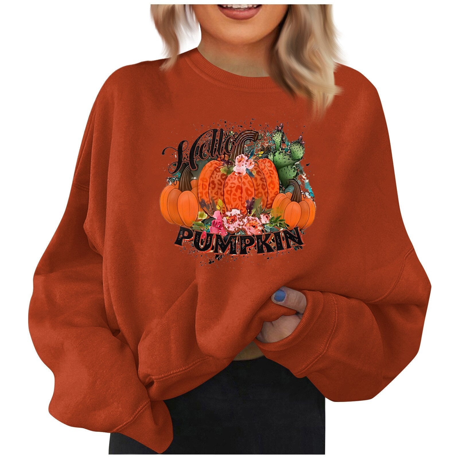 Halloween Pumpkin Print Sweatshirt For Women Casual Round Neck Long Sleeved Tops Fashion Loose Pullover Autumn Ladies Clothes Orange