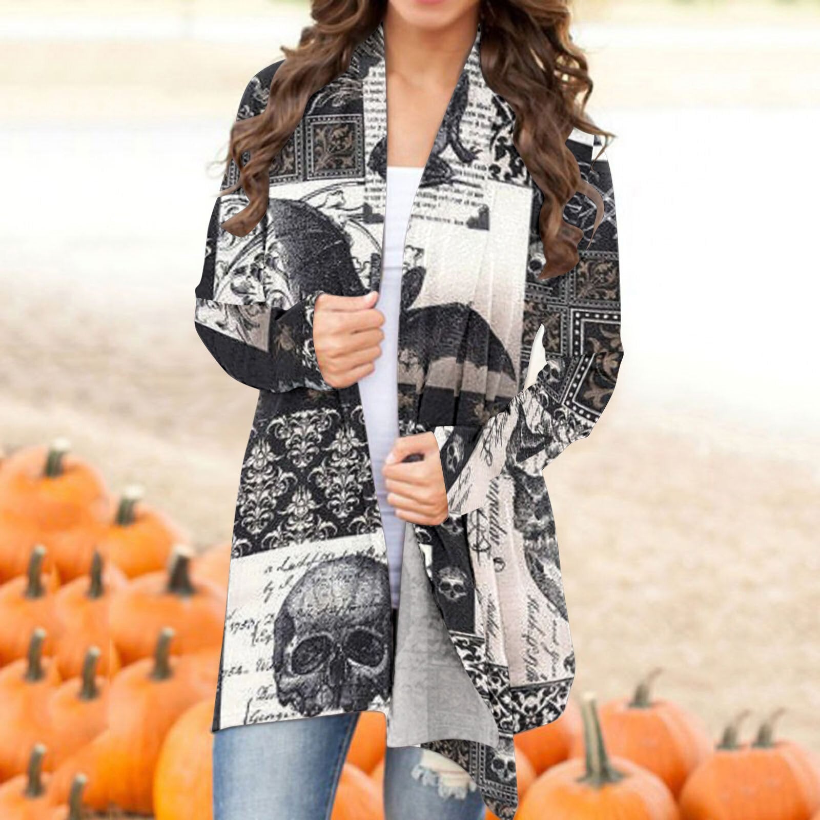 Halloween Skull Black Cat Print Long Sleeve Cardigan Autumn Winter Casual Open Stitch Long Top Ladies Elegant Cardigan Outerwear Grey