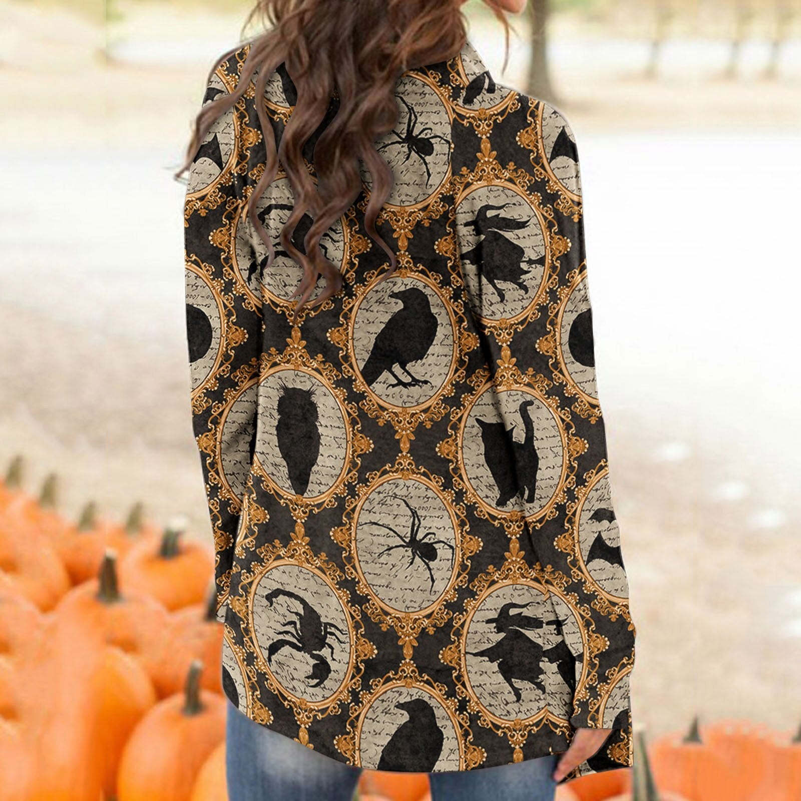 Halloween Skull Black Cat Print Long Sleeve Cardigan Autumn Winter Casual Open Stitch Long Top Ladies Elegant Cardigan Outerwear
