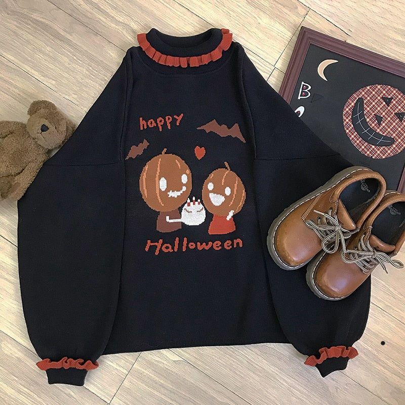 Halloween Sweaters Women Autumn Cute Pumpkin Pattern Turtleneck Lantern Sleeve Loose Pullovers Kawaii Clothes Black Sweater One Size