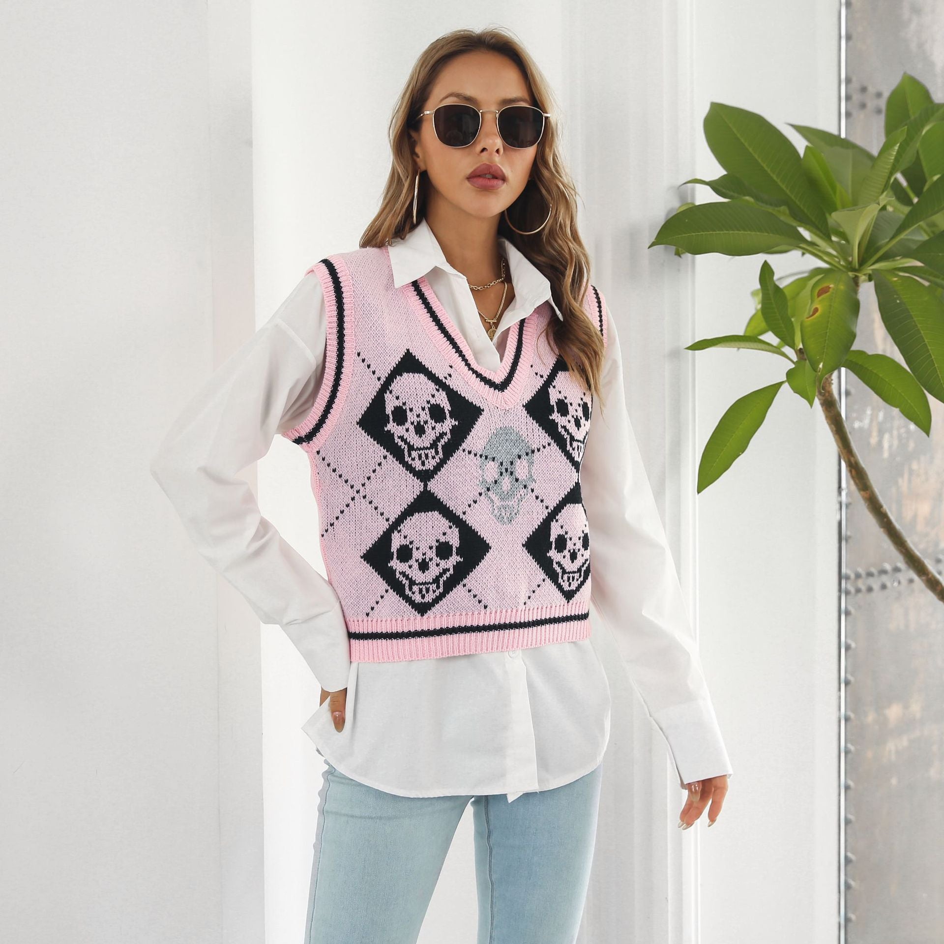 Halloween Sweaters Women Vest Y2K Skulls Personality Knitted Female Vest Plaid Fashion Winter Knitwear Sweaters Tops Women New