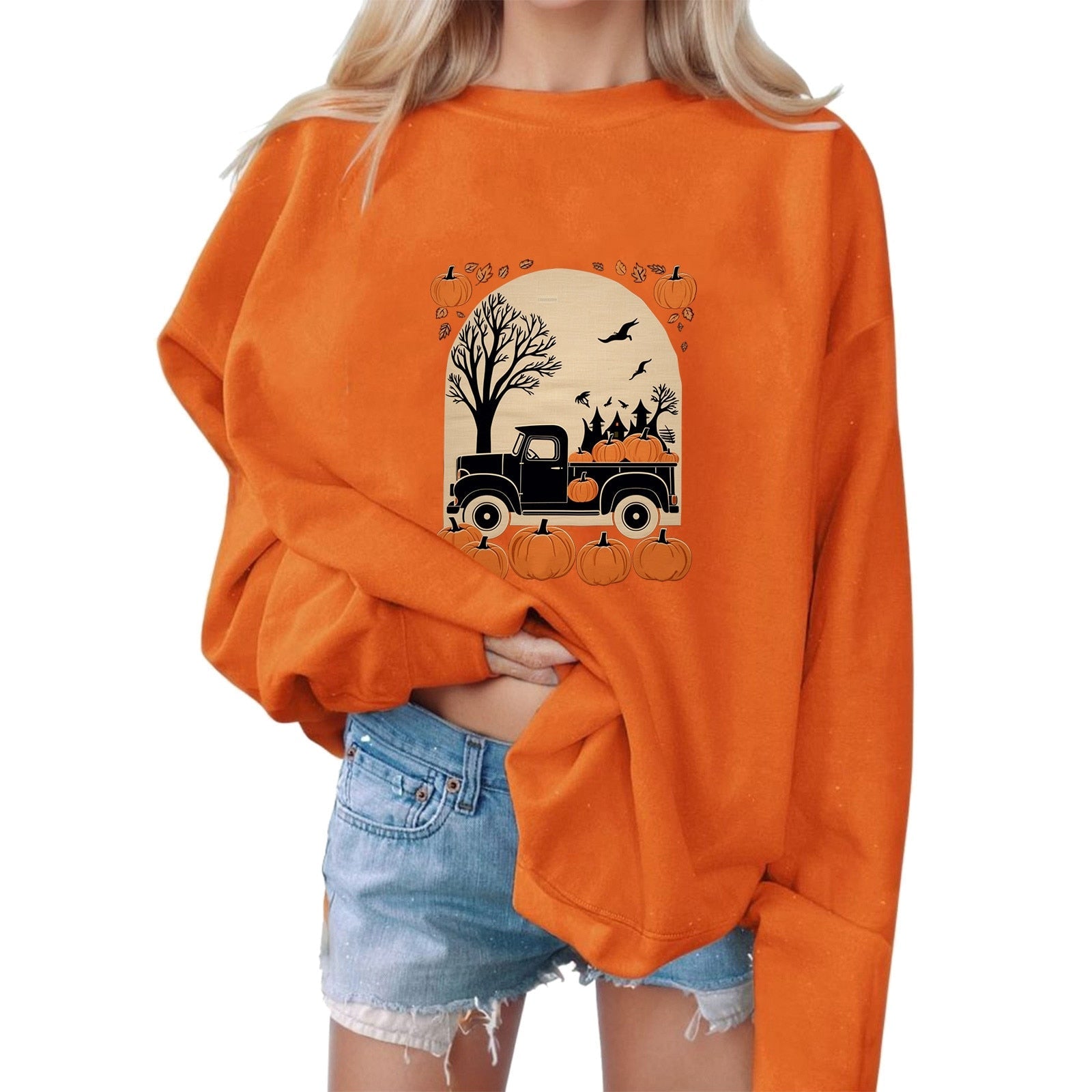 Halloween Sweatshirts Pumpkin Print Sweatshirt Loose Sweater Pullover Women's Sweatshirt Oversized Harajuku Outfits Moletom