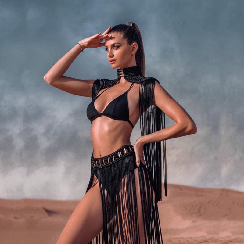 Hand Crochet Knitted Women Bikini Cover Ups 2024 Summer Holiday Beach Bathing Suit Sexy Hollow Out Skirts Matching Set