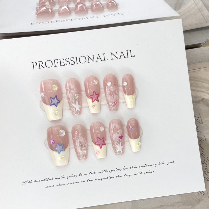 Handmade Barbie French False Press On Nails With Rhinestones Full Cover Ballerina Korean Manicuree Decoration Wearable Artificial Nails