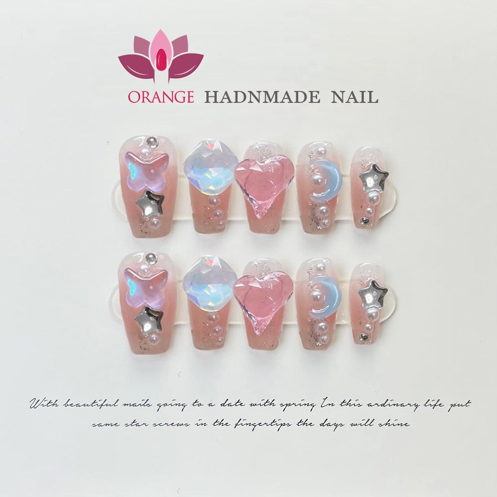 Handmade Beauty Nails Pressed on Design Decoration Fake Nails Design Full Cover Artificial Manicuree Wearable Orange Nail Store