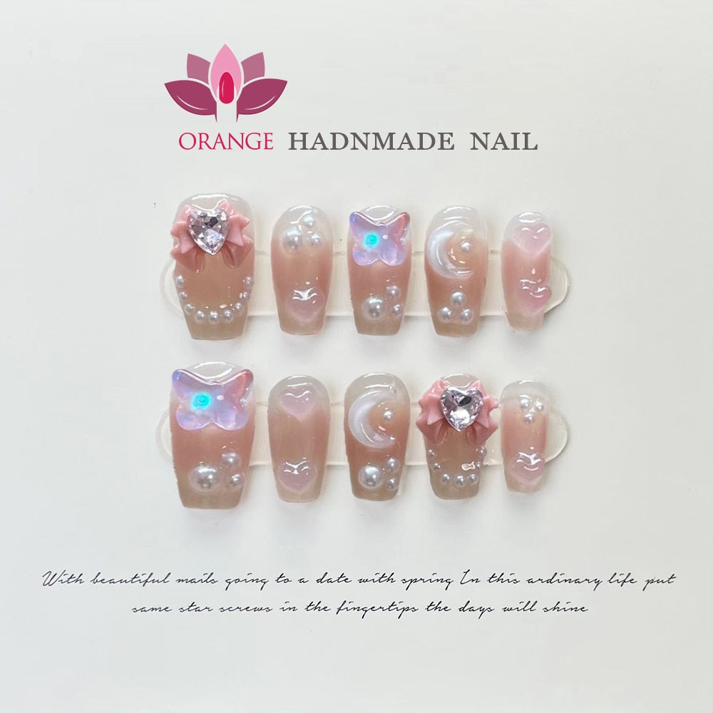 Handmade Beauty Nails Pressed on Design Decoration Fake Nails Design Full Cover Artificial Manicuree Wearable Orange Nail Store