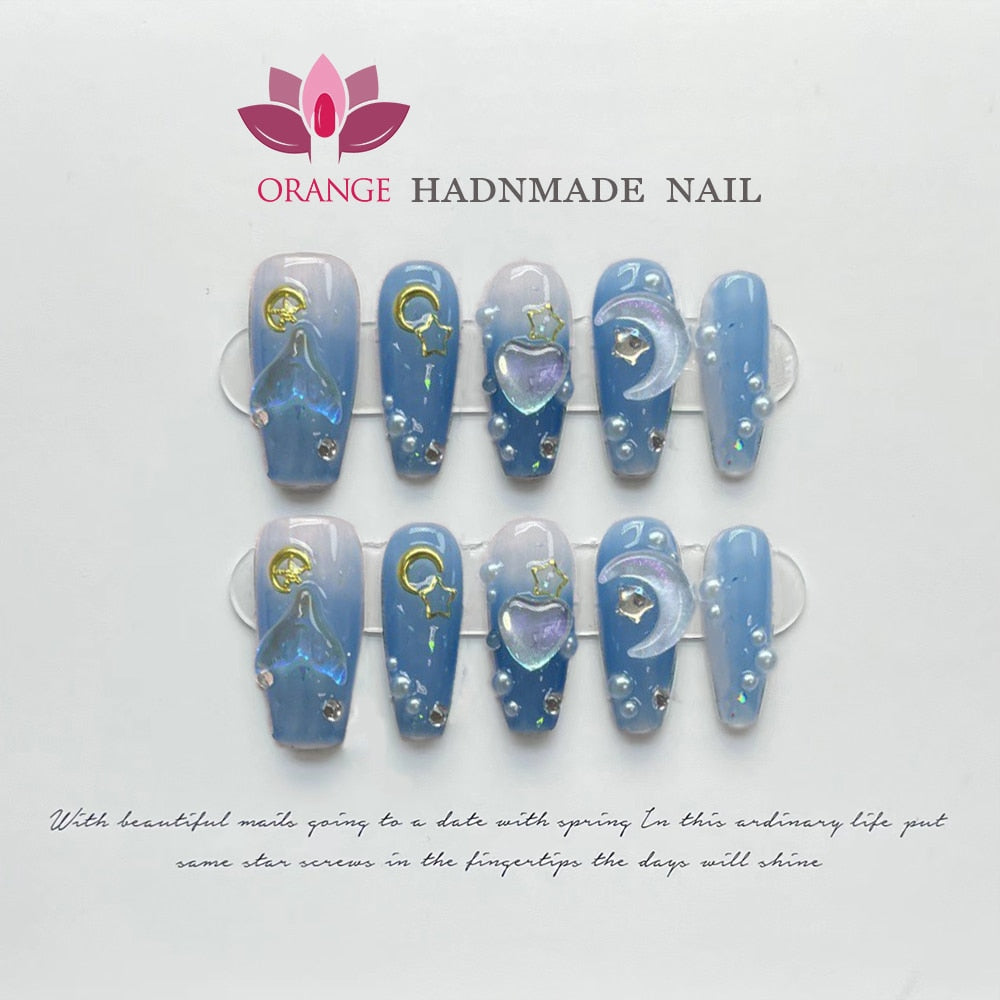 Handmade Blue Press On Nails Design Charms Luxury Full Cover Medium Coffin Manicuree Wearable Fake Nails XS S M L Size Nail Art