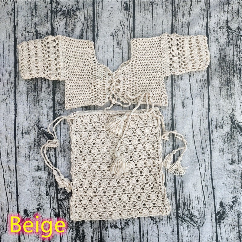 Handmade Crochet Bikini Beach Shirt Mini Skirt Suit Beige