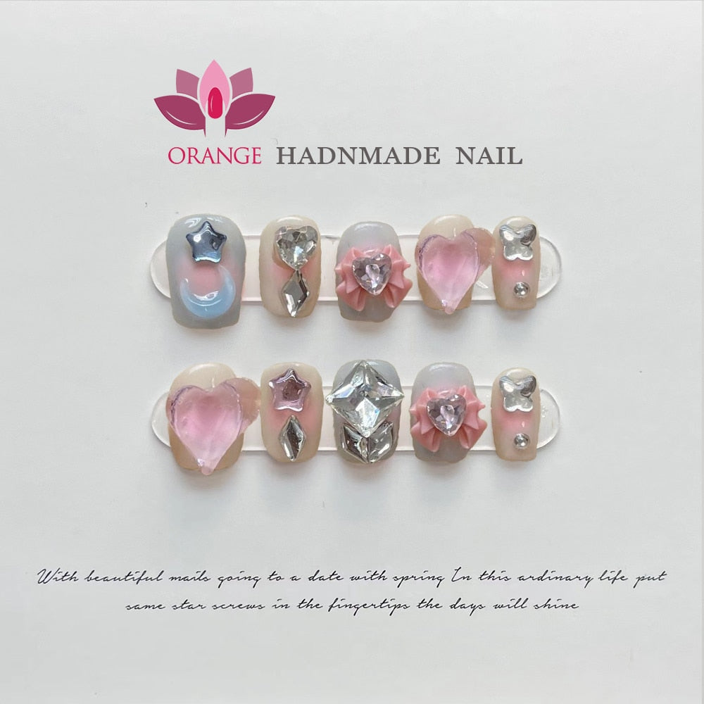 Handmade Korea Press on Nails Coffin Reusable Decoration Fake Nails Full Cover Artificial Manicuree Wearable Orange Nail Store