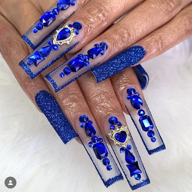 Handmade Luxury 3XL Full Cover False Nail Tips Glittery Rhinestone Press On Nails Y2K Reusable XXL XL Long Fake Nail With Glue Style14 SizeM