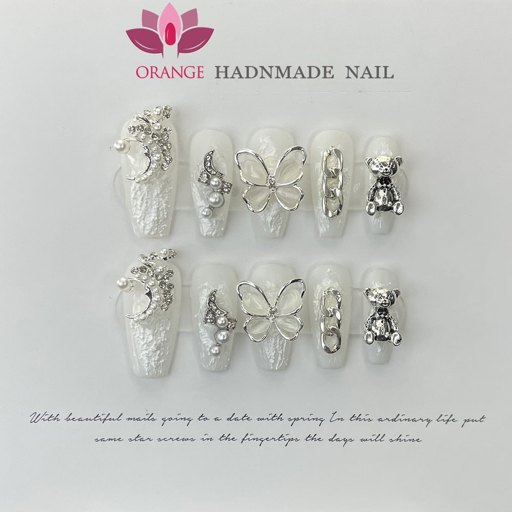 Handmade Luxury Press On Nails Rhinestone Coffin Head Manicuree Decoration Wearable Full With Design Acrylic Nail For Wedding