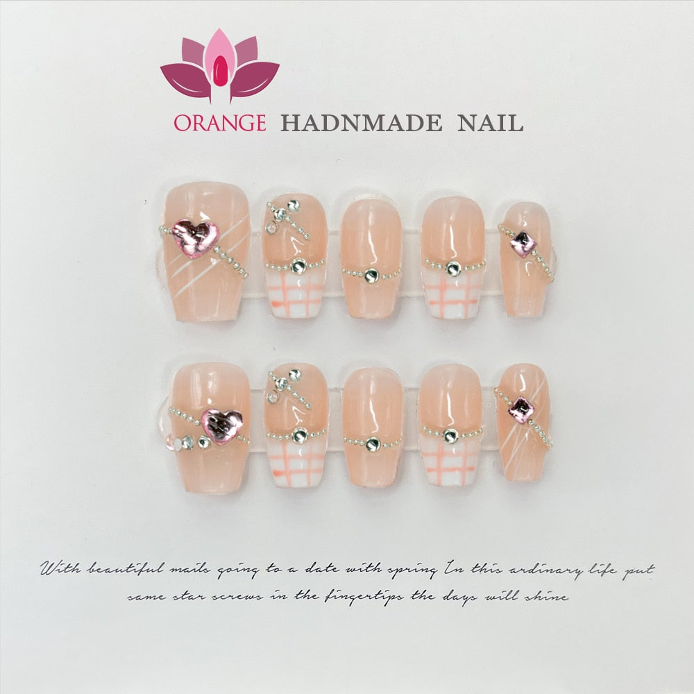 Handmade Medium Length Press On Full Cover Pink Coffin Head Manicuree Decoration Wearable With Design Acrylic Nails For Girls