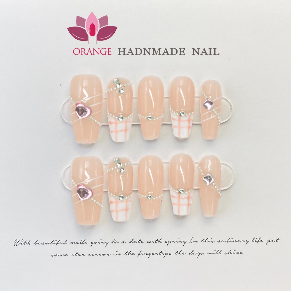 Handmade Medium Length Press On Full Cover Pink Coffin Head Manicuree Decoration Wearable With Design Acrylic Nails For Girls