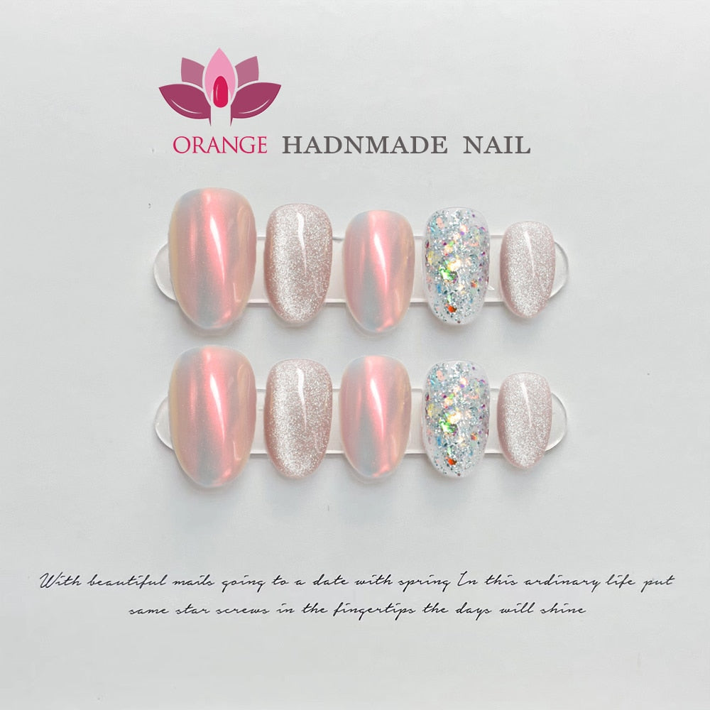 Handmade Oval Press On Nails With Design Reusable Glitter Fake Nails Full Cover Artificial Manicuree Wearable Orange Nail Store