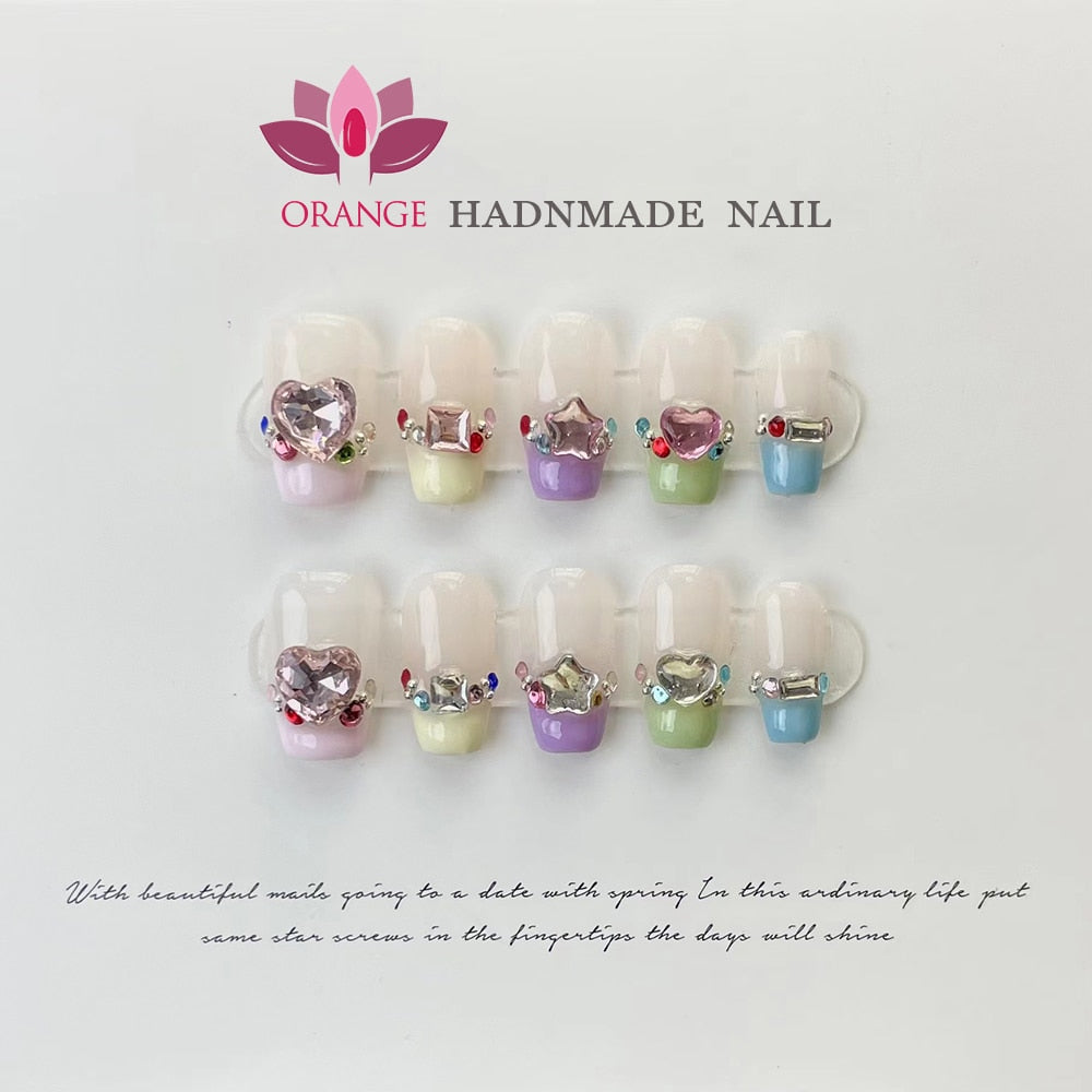 Handmade Short Press On Nails With Designs Reusable Fake Nails Glitter Full Cover Wearable Artificial Nails XS S M L Size Nails