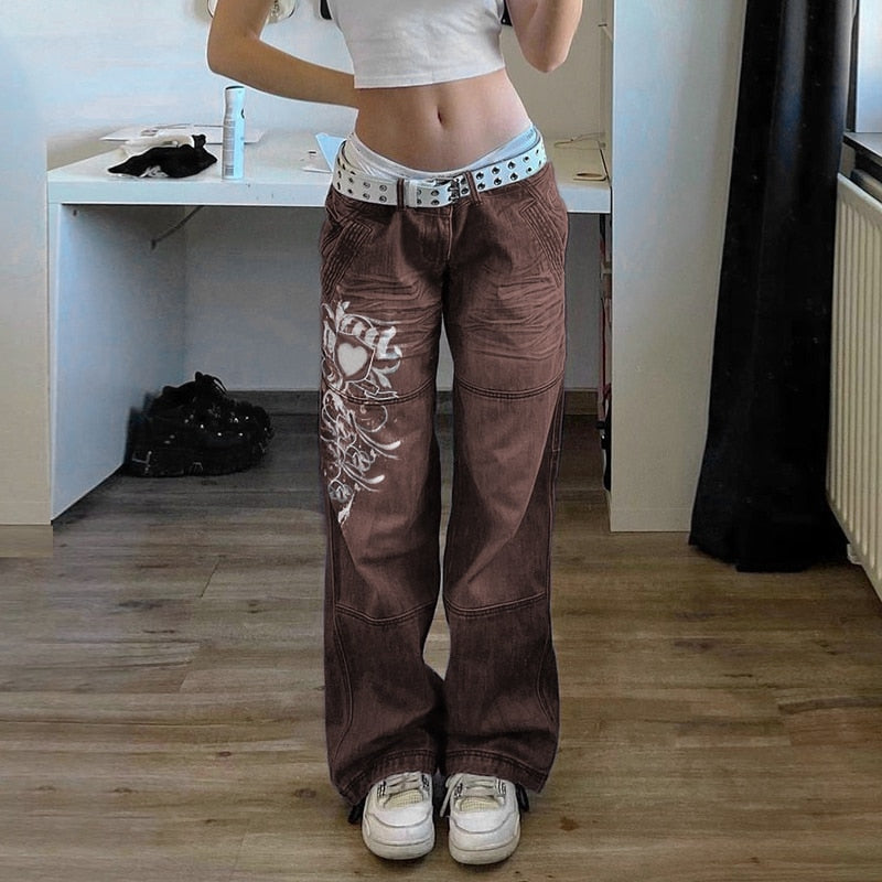 Harajuku Grunge Vintage Low Waisted Cargo Pants Y2K Aesthetics Indie Women's Jeans Pockets Korean Streetwear Retro Trousers C