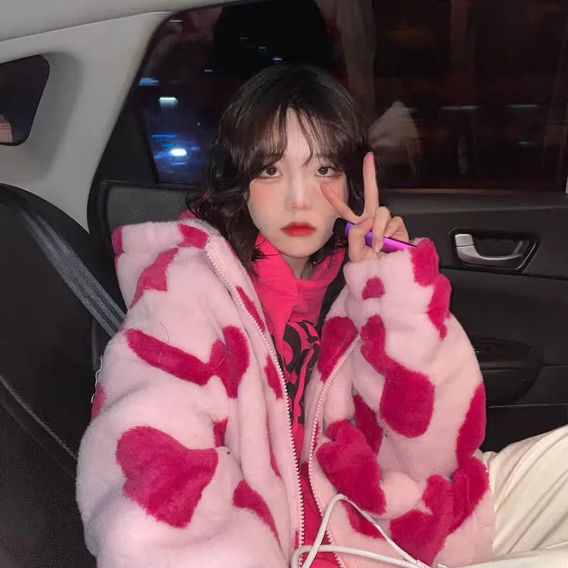 Harajuku Heart-shaped Print Plush Jacket Women Winter 2022 Korean Long Sleeve Hooded Coat Thick Warm Couple Streetwear Outerwear