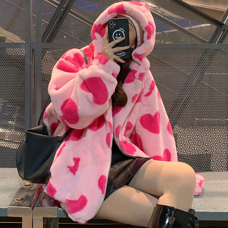 Harajuku Heart-shaped Print Plush Jacket Women Winter 2022 Korean Long Sleeve Hooded Coat Thick Warm Couple Streetwear Outerwear Pink