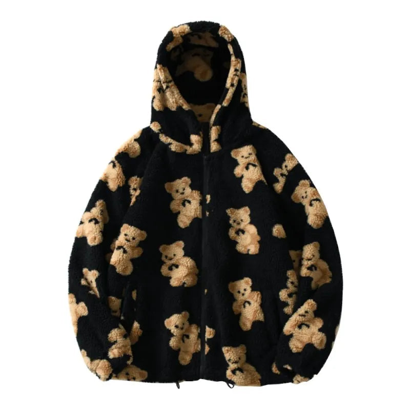 Harajuku Heart-shaped Print Plush Jacket Women Winter 2022 Korean Long Sleeve Hooded Coat Thick Warm Couple Streetwear Outerwear Black