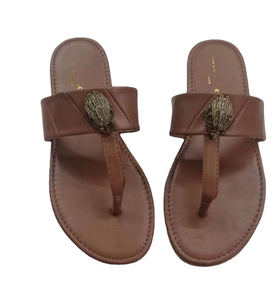 Hardware diamond buckle flip-flops 2024 women slides outdoor beach slipper females woman Large size ladies sandals Women's shoes brown