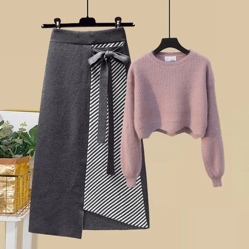 Women Autumn Winter Warm Knitted Two Pieces Sets Korean Long Sleeve Pullover Sweater Top And High Waist Skirts Sets Skirt Two Piece Set 17