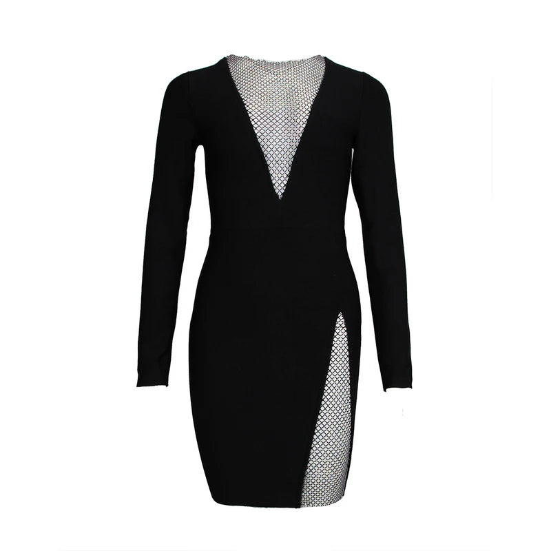Black New Winter Black Beading Long Sleeve Dress Sexy Hollow Out Sheath Mini Club Celebrity Runway Party Dress black