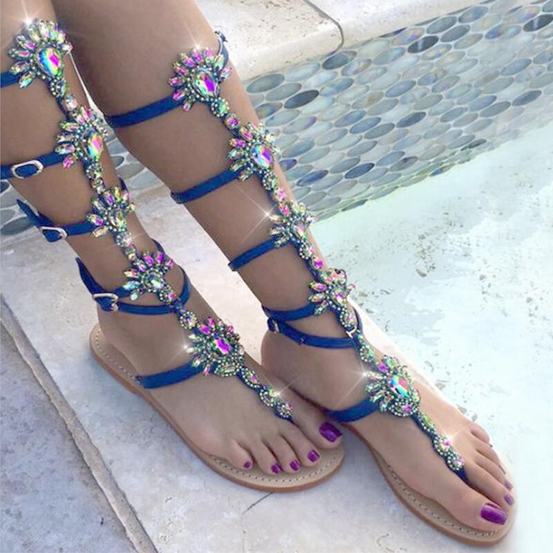 Summer Flats Sandal Gladiator Gold Rhinestone Knee High Buckle Strap Woman Boots Crystal Beach Shoes Plus size 43 Blue