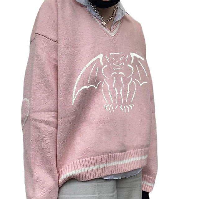 Y2K Oversized Sweater Pullover Ladies Casual Loose Printed Knitted Sweater Retro College Style Halloween Street Fall Winter 2021 20540 pink