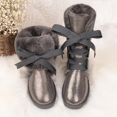 Waterproof High Boots Lace Up 2024 Woman Winter Snow Boots Women's Shoes Thick Plush Genuine Leather Winter Women's Snow Boots gray as pic